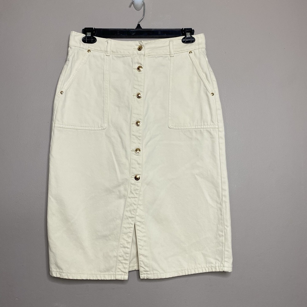 Michael Kors denim midi skirt Women Sz 10 Bone split buttons gold Front hardware